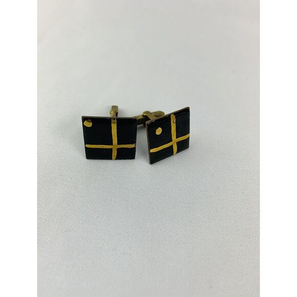 Vintage Men's Enameled Goldtone and Black Square Cufflinks Artsy Retro Toggle - Picture 6 of 12